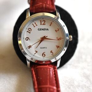 Geneva Red Faux Leather Band Silver/Gold Tones New Battery Casual Watch